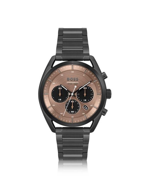 Boss Gray Black-plated Chronograph Watch With Brown Dial for men