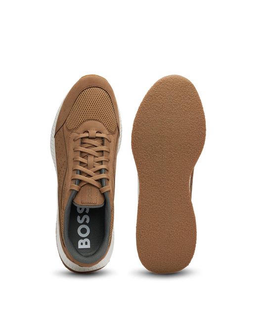 Boss Brown Ttnm Evo Leather Lace-up Trainers With Mesh Trims for men