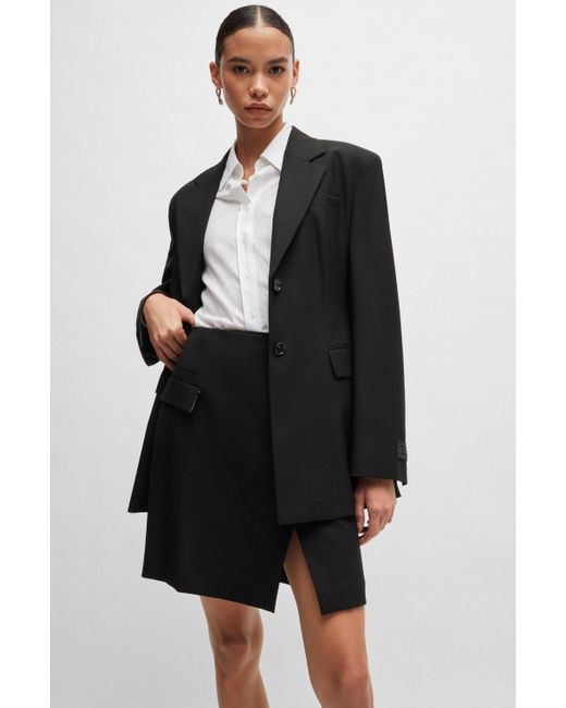 Boss Black Wrap-front Skirt In Virgin Wool With Pocket Detail