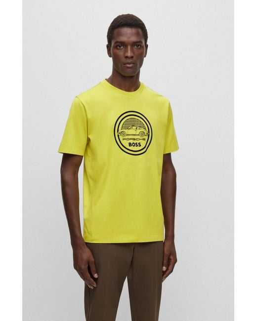 Boss Yellow Porsche X Mercerised-cotton T-shirt With Flocked Logo for men