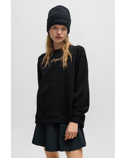 HUGO Black Relaxed-fit Sweatshirt With Metallic-effect Handwritten Logo