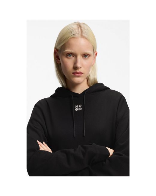 HUGO Black Cotton-Terry Hoodie With Embroidered Stacked Logo