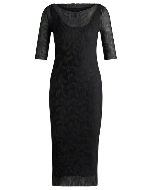 Boss Black Cropped-sleeve Dress In Pliss Tulle