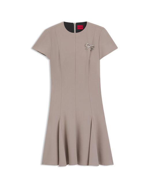 HUGO Brown Godet-Insert Dress With Bow Brooch
