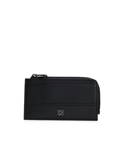 HUGO Black Leather Card Holder With Stacked Logo for men
