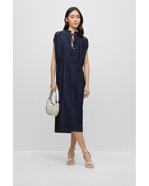 BOSS Pliss Jersey Dress With Tie Neckline in Blue | Lyst Canada