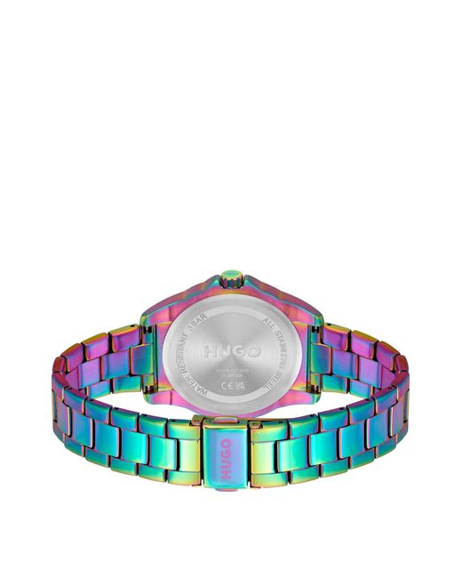 HUGO Blue Link-bracelet Watch In Rainbow-coloured Steel