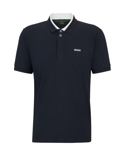 Boss Blue Stretch-cotton Polo Shirt With 3d-stripe Collar for men