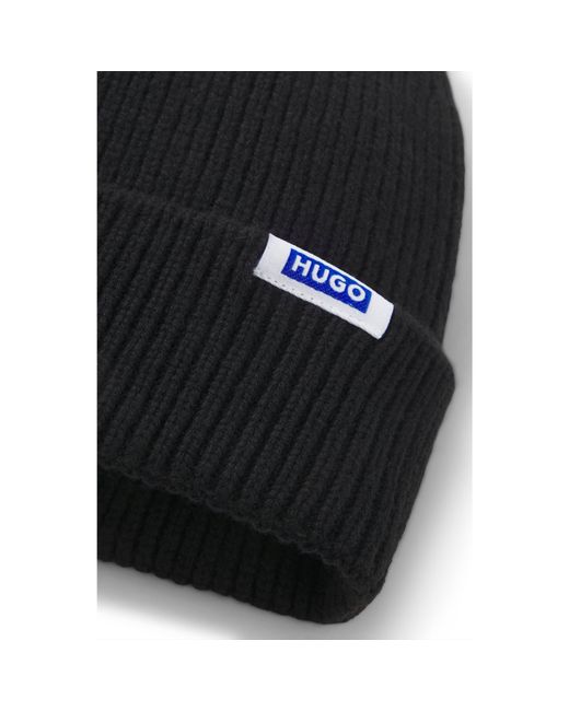 HUGO Black Rib-Knit Beanie Hat With Logo Label for men