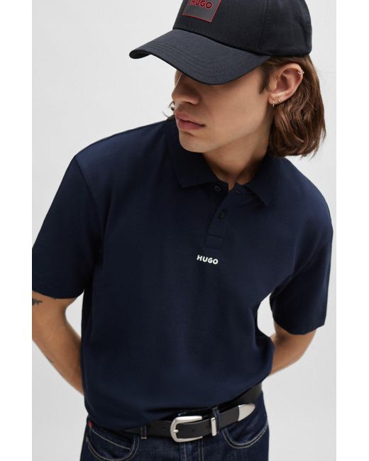 HUGO Blue Cotton-piqué Polo Shirt With Logo Print for men