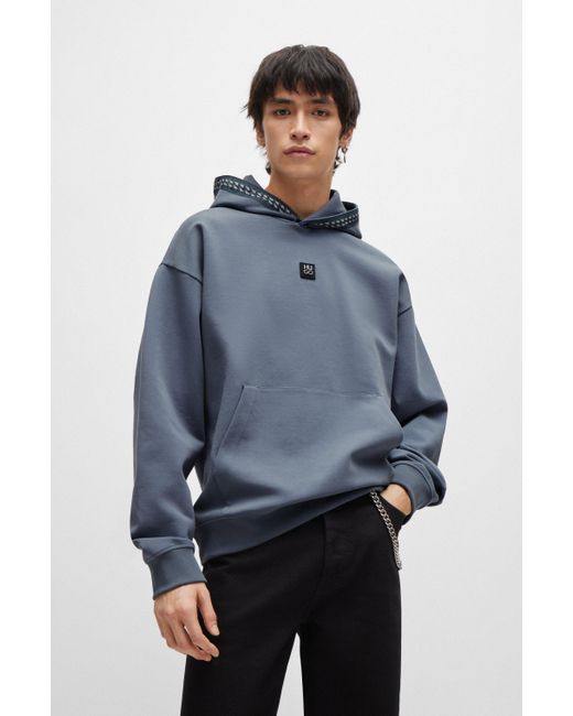 HUGO Blue Relaxed-fit Stretch-cotton Hoodie With Chain-detail Tape for men