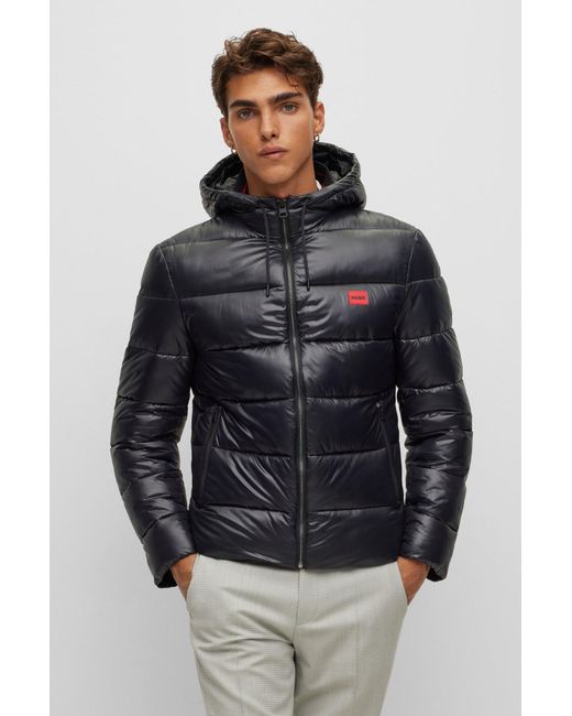 HUGO Blue Water-repellent Puffer Jacket With Red Logo Label for men