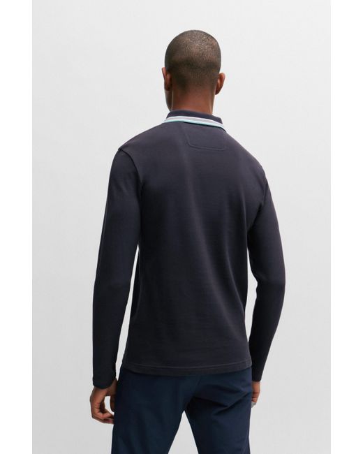 Boss Longsleeve-Poloshirt aus Baumwoll-Piqué mit Kontrast-Logo in Blue für Herren