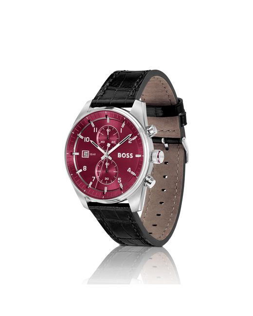 Boss Red Tone Chronograph Watch With Alligator-Emed Leather Strap for men