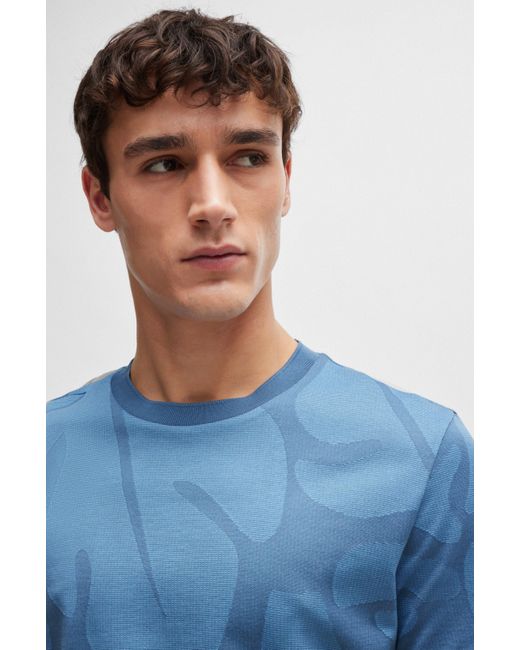 Boss T-Shirt aus Baumwolle mit zweifarbigem Monsterablatt-Muster in Blue für Herren