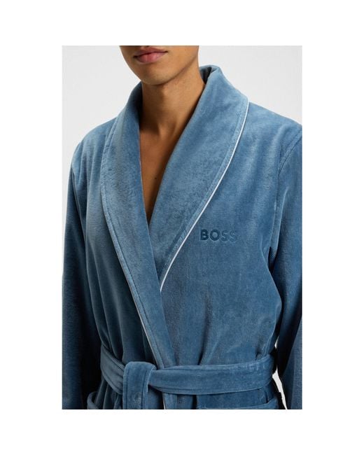 Boss Blue Cotton Dressing Gown With Piping And Embroidered Branding for men
