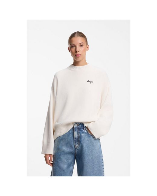 HUGO White Oversized-Fit Knitted Sweater With Script Logo
