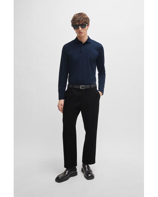 Boss Blue Slim-fit Polo Shirt With Long Sleeves for men