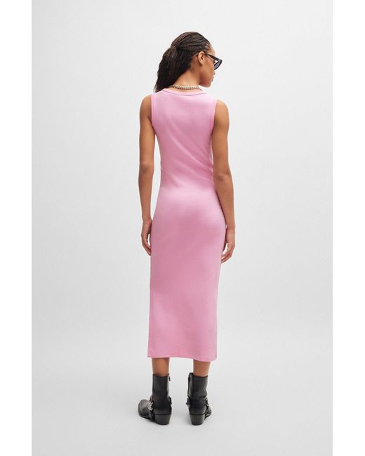HUGO Pink Long-length Dress In Stretch Jersey With Stacked Logo