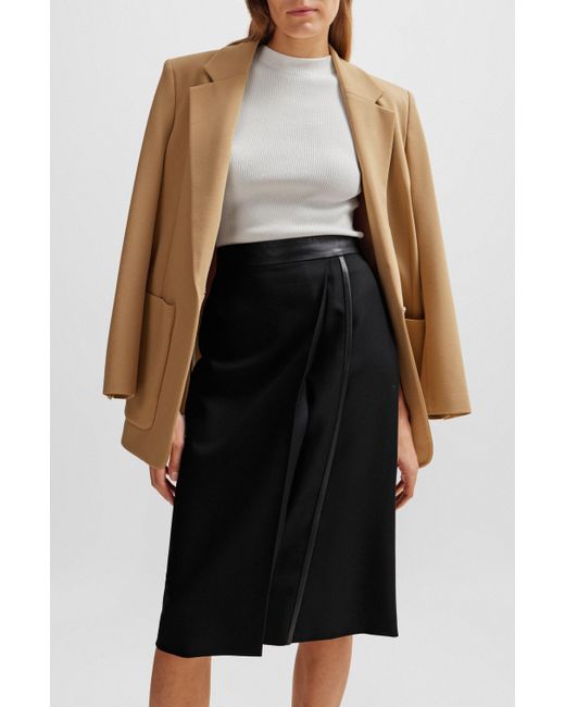Boss Black Pencil Skirt In Wool Twill With Faux-leather Trims