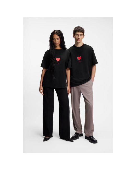 HUGO Black All-Gender Cotton-Jersey T-Shirt With Origami-Heart Prints