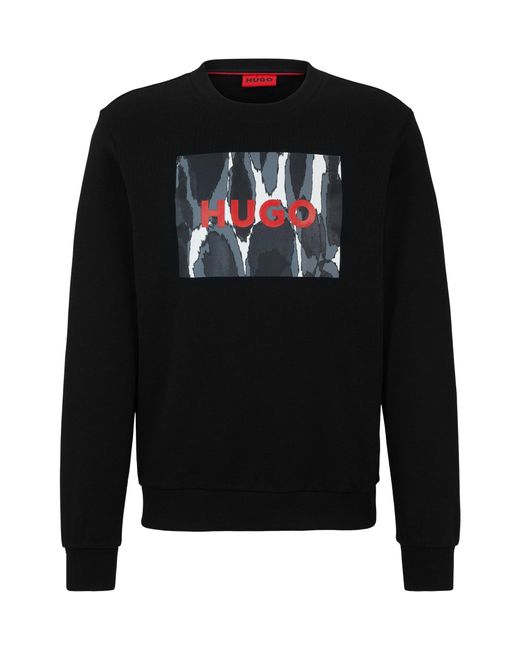 HUGO Black Cotton-terry Sweatshirt With Seasonal Logo Artwork for men