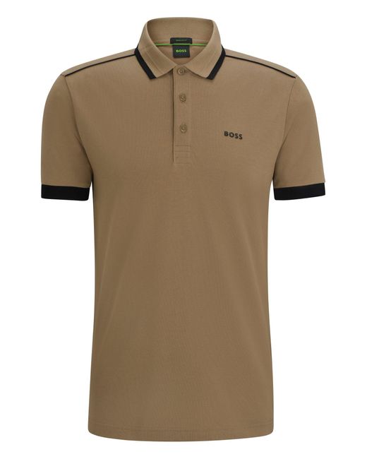 Boss Brown Cotton-piqué Polo Shirt With Contrast Stripes And Logo for men