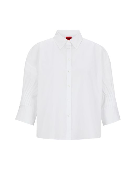 HUGO White Regular-fit Blouse In Cotton Poplin With Pleated Sleeves