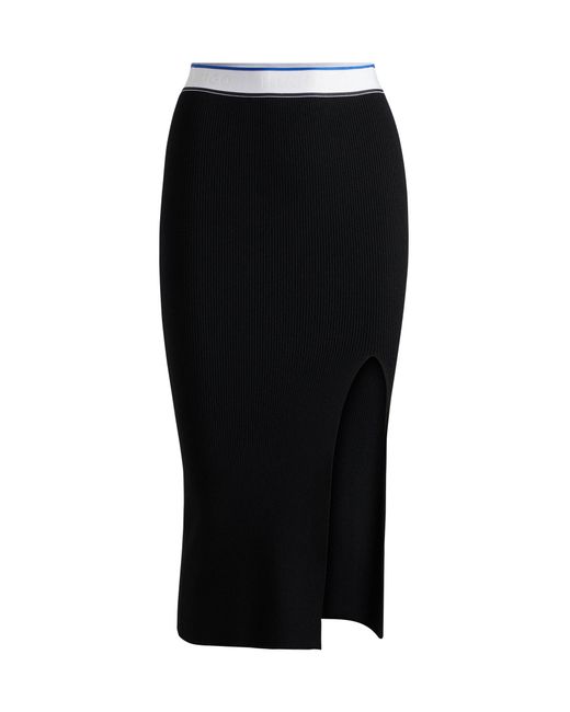 HUGO Black Slim-fit Knitted Skirt With Logo Waistband