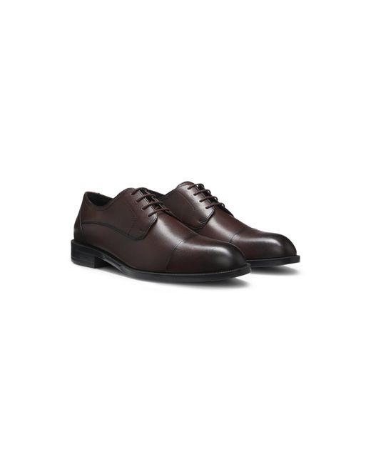 Boss Brown Leather Derby Shoes With Cap Toe for men