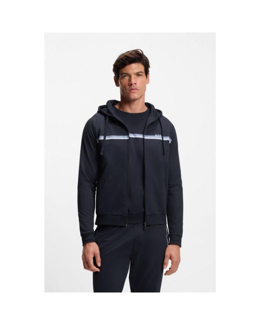 Boss Blue Cotton-Terry Zip-Up Hoodie With Stripes And Logo for men