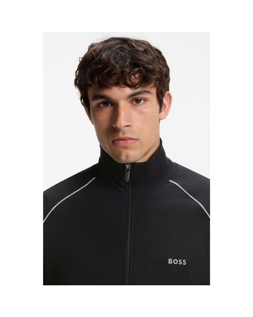 Boss Blue Stretch-Cotton Zip-Up Jacket With Embroidered Logo for men