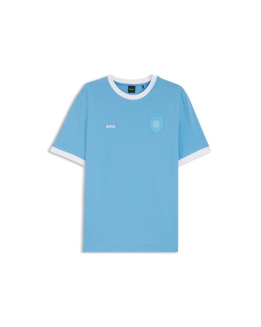 Boss Blue Stretch-Cotton T-Shirt With Country Flag And Logo for men