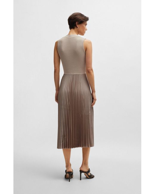 Boss Natural Mixed-material Dress With Plissé Skirt