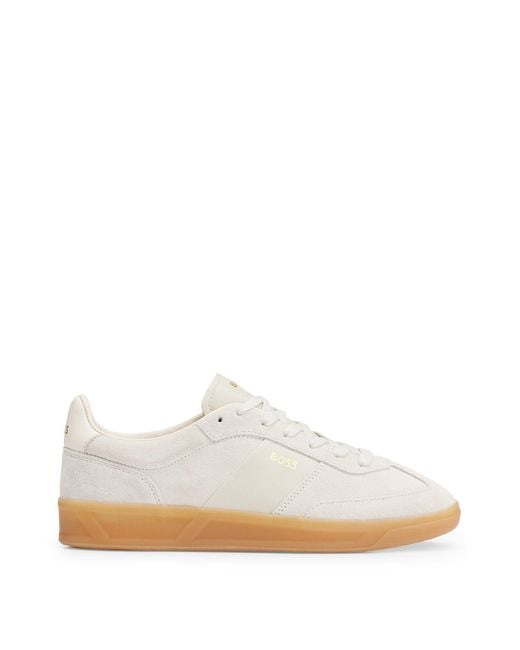 Boss White Suede Trainers With Emed Gold-tone Logo
