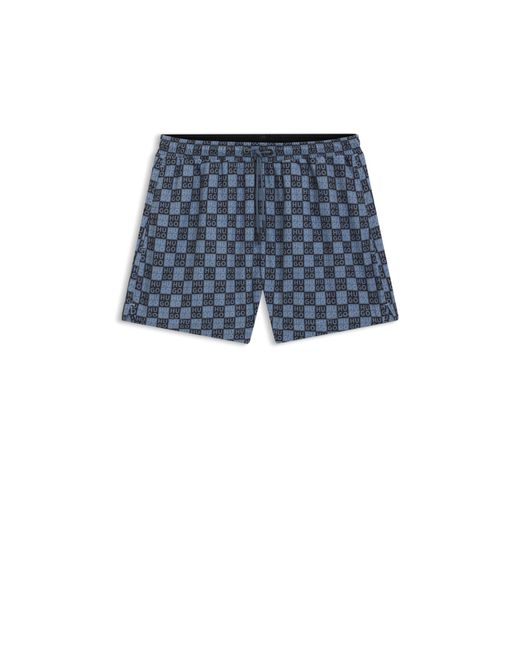 HUGO Blue Quick-Dry Swim Shorts With Stacked-Logo Check Print for men