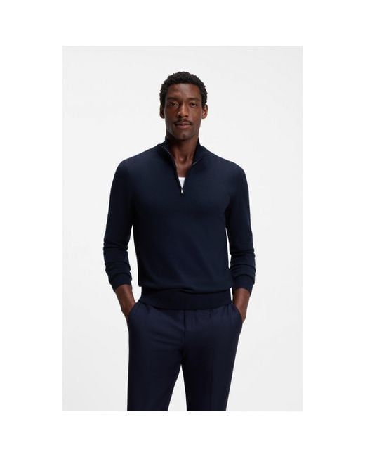 Boss Blue Merino-Wool Sweater With Zip Neck for men