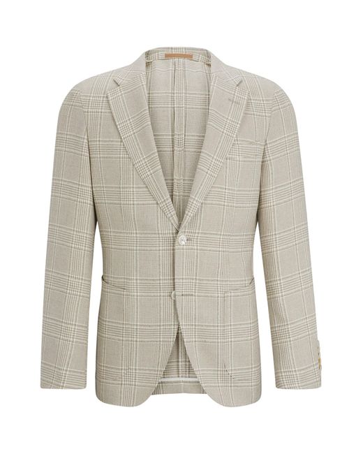 Boss Natural Slim-fit Jacket In Checked Wool, Linen And Silk for men