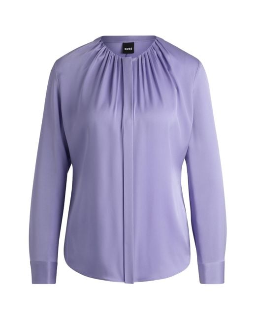 Boss Purple Bluse aus elastischem Crêpe de Chine mit gerafftem Ausschnitt
