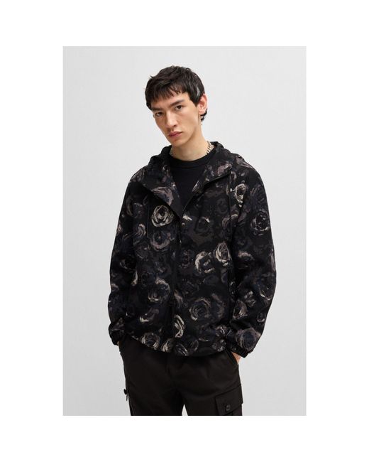 HUGO Slim Fit Hooded Jacket With Gothic Rose Jacquard in Black for Men Lyst UK
