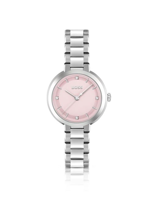 Boss Horloge Met Geschakelde Polsband En Roze Wijzerplaat Met Kristallen Studs in het White