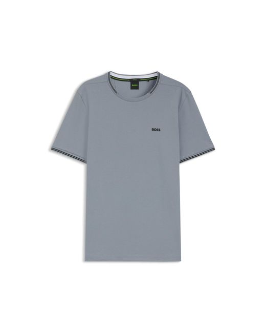 Boss Blue Stretch-Cotton T-Shirt With Stripes And Logo for men