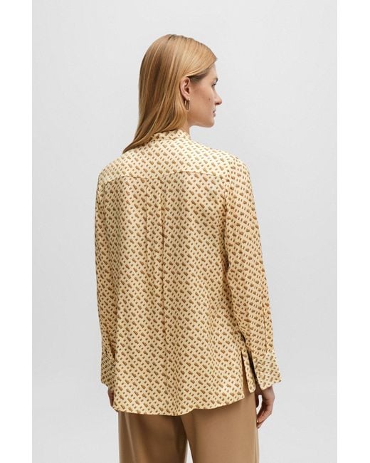 Boss Natural Relaxed-fit Blouse In A Monogram-print Silk Blend