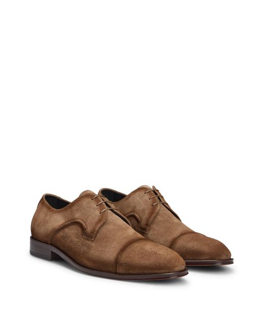 Boss Brown Italian-made Suede Derby Shoes With Cap-toe Detail for men