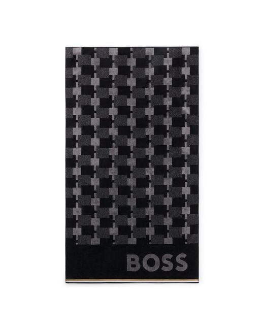 Boss Black Cotton-Velvet Beach Towel With Geometric Jacquard