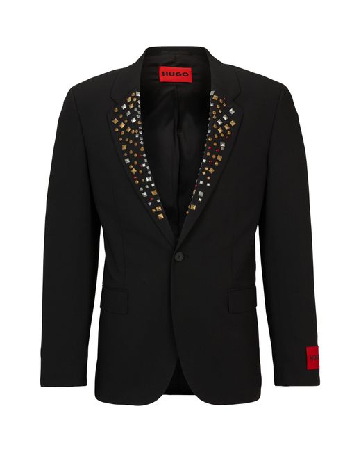 HUGO Black Slim-fit Jacket With Studded Lapels for men