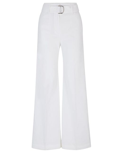 Boss White Relaxed-fit Trousers In A Linen Blend