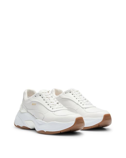 Boss White Leather Trainers With Chunky Profile And Gold-tone Logo