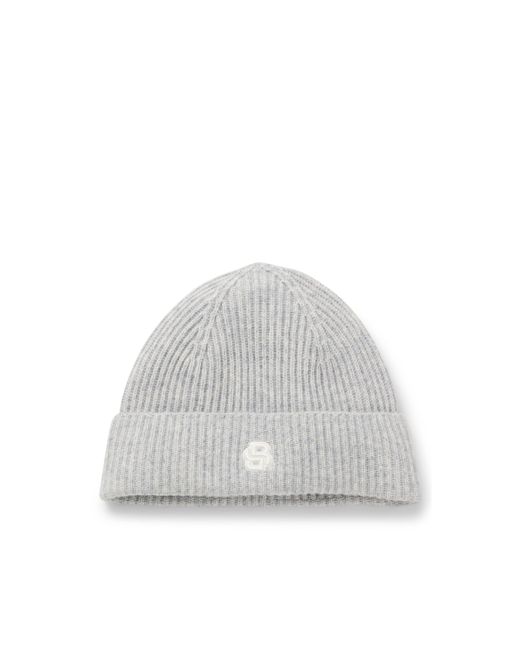 Boss White Wool-Cashmere Beanie Hat With Double B Monogram