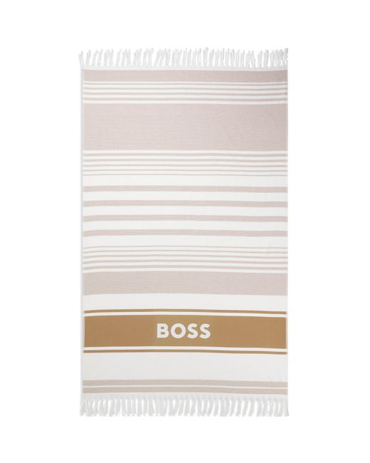 Boss White Fringed Logo Beach Towel for men